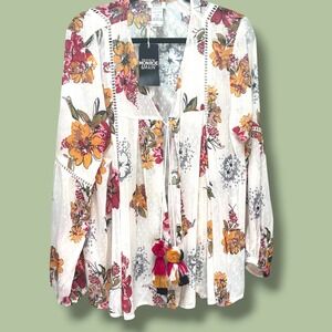 Monroe & Main Womens‎ XL Floral Clip Dot Kimono Cardigan Tassel Tie Boho Cream